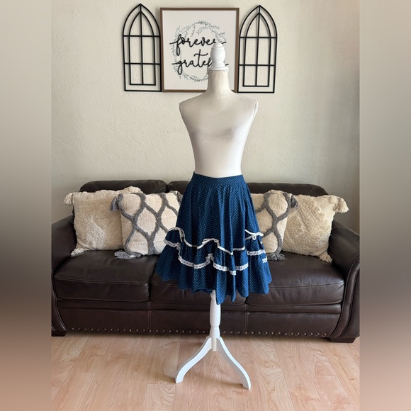 Vintage Partners Please Ruffled Square Dance Navy Blue Polka Dot Skirt Size S - Picture 12 of 14